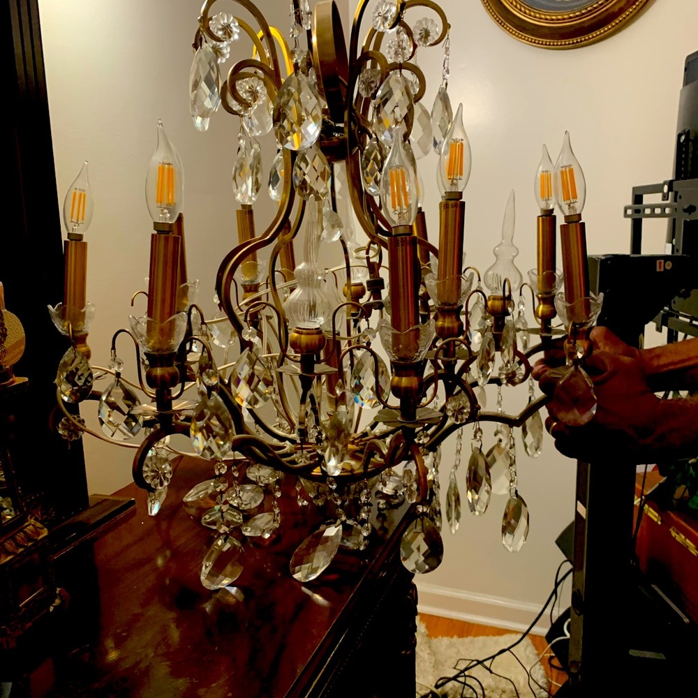 Chandelier Ceiling Lamp Antique Vintage 10 Arms Brass & Loads of Crystals.